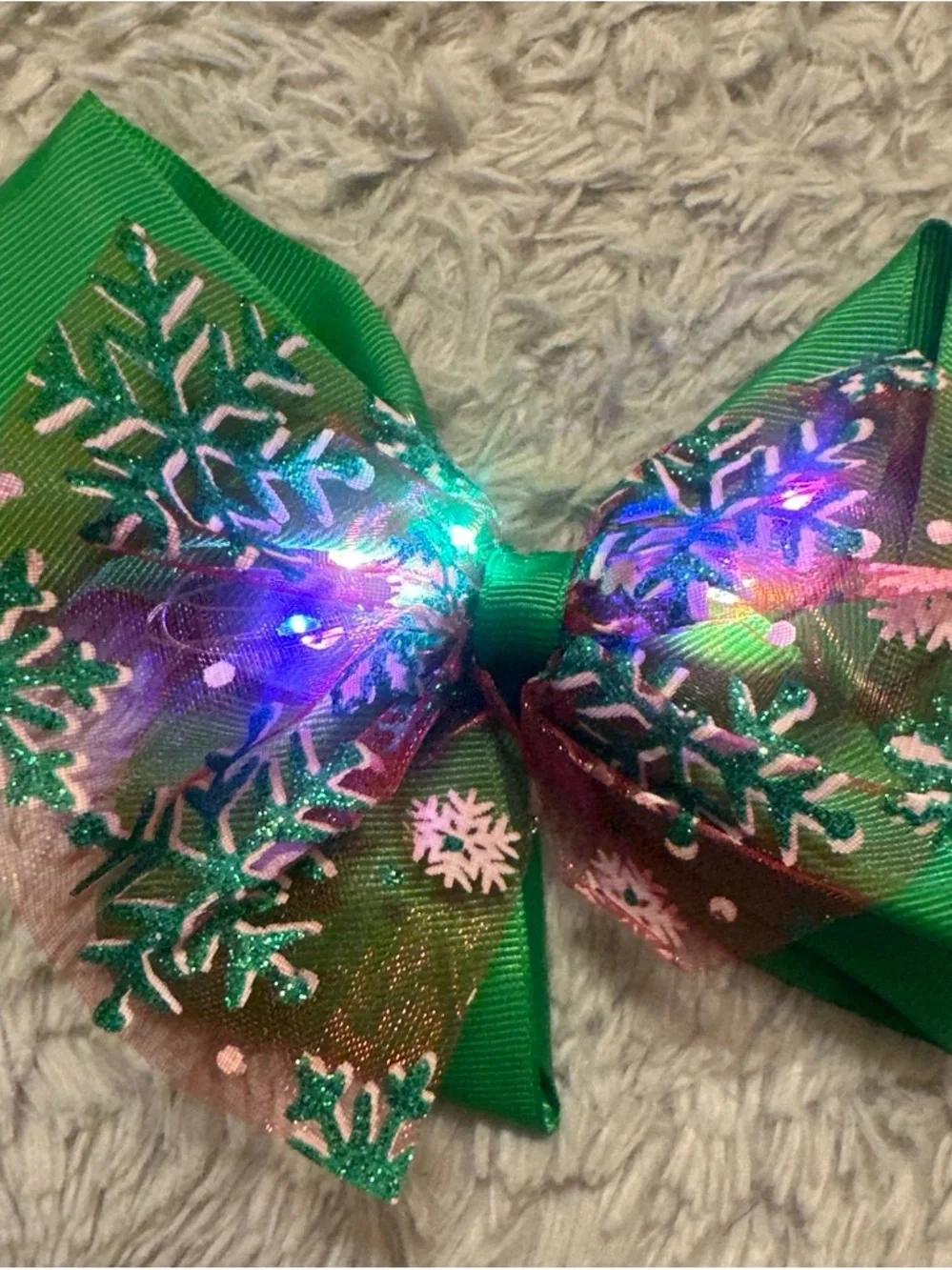 Light up Green Holiday Snowflake Light-Up Hair Bow for Kids